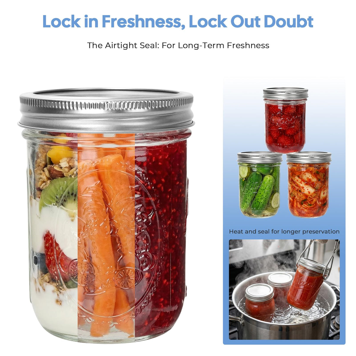 16oz 6-Pack Wide Mouth Glass Mason Jars with Airtight Lids V1386