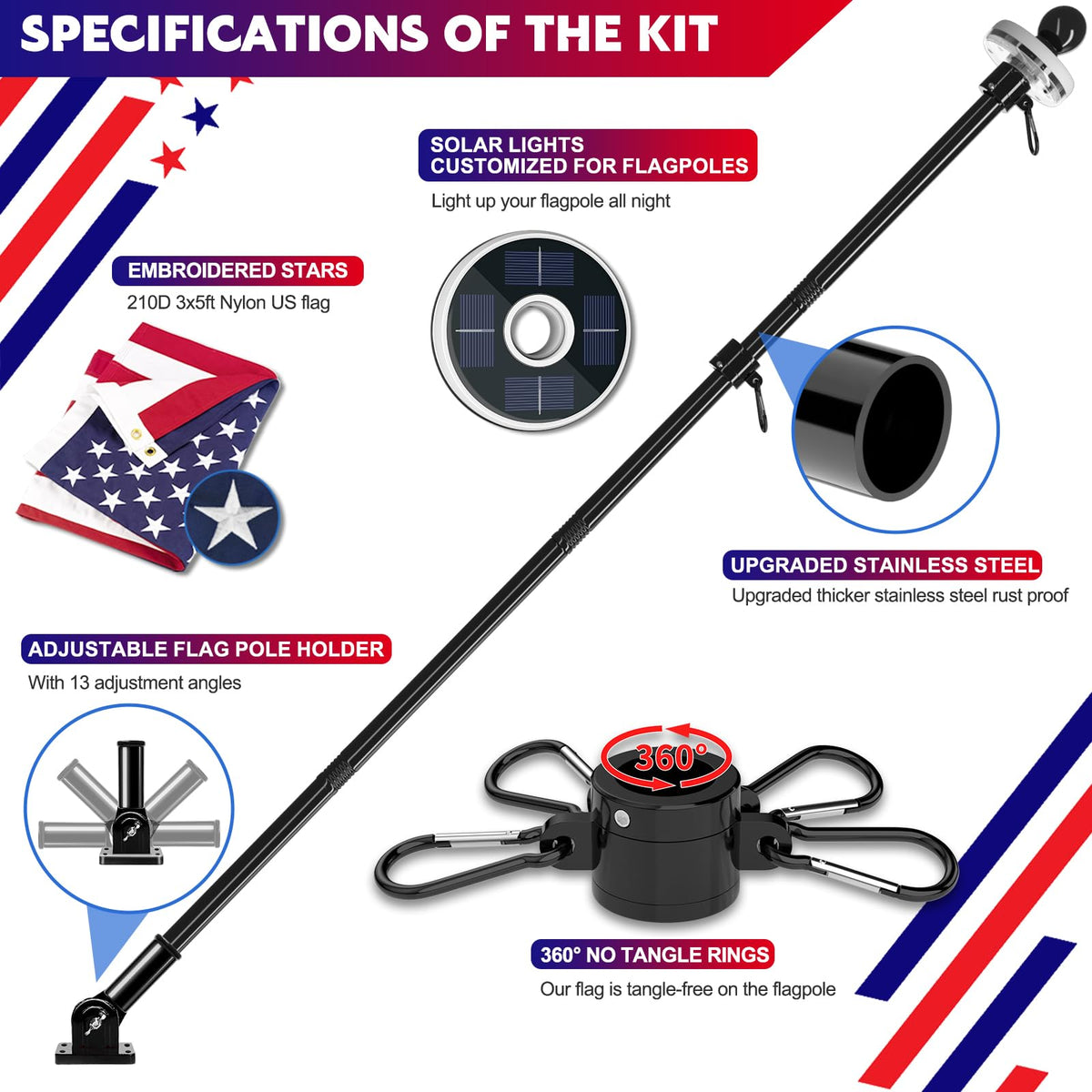 2 Pack 6FT Black Stainless Steel Flag Pole Kit with Solar Light O9505
