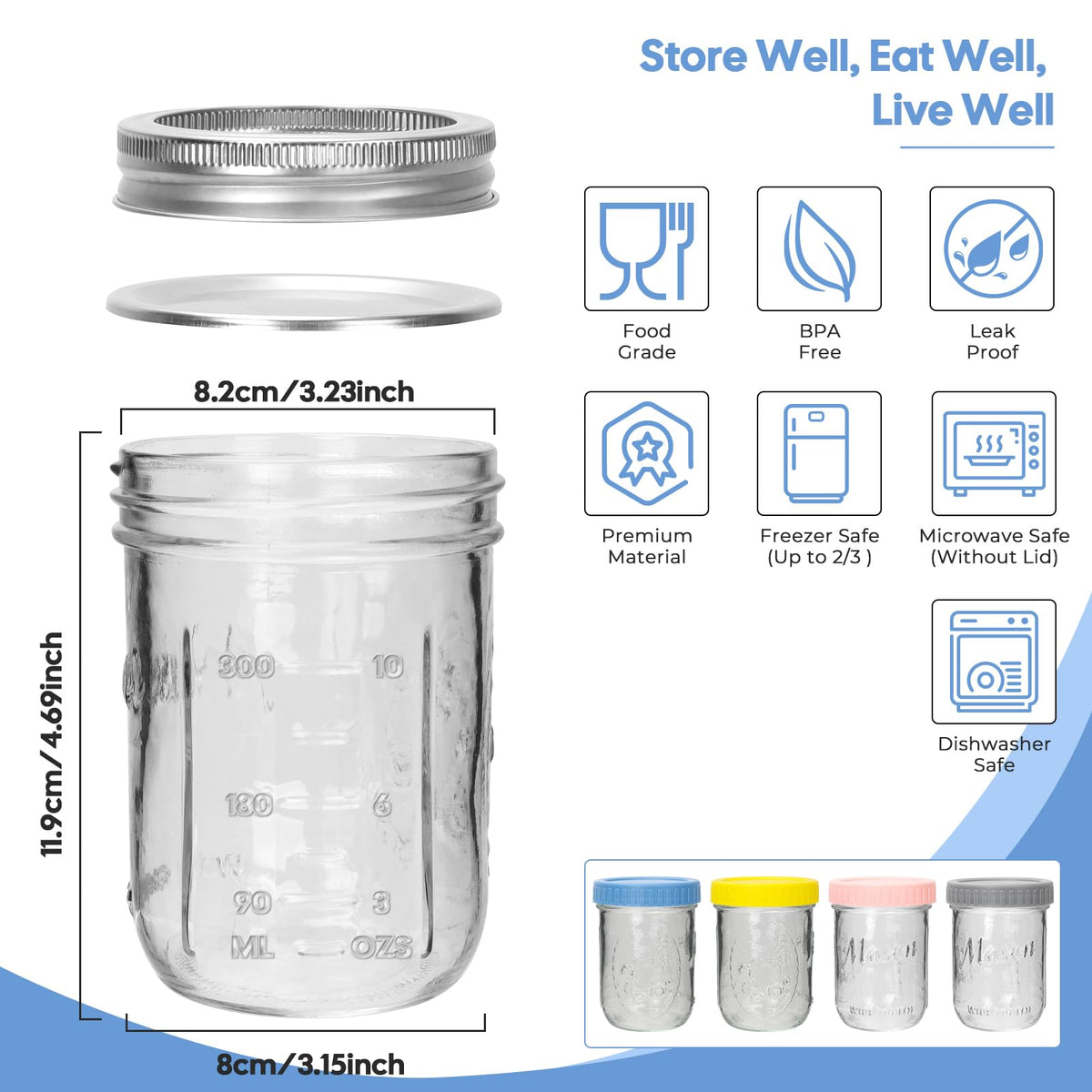 16oz 6-Pack Wide Mouth Glass Mason Jars with Airtight Lids V1386