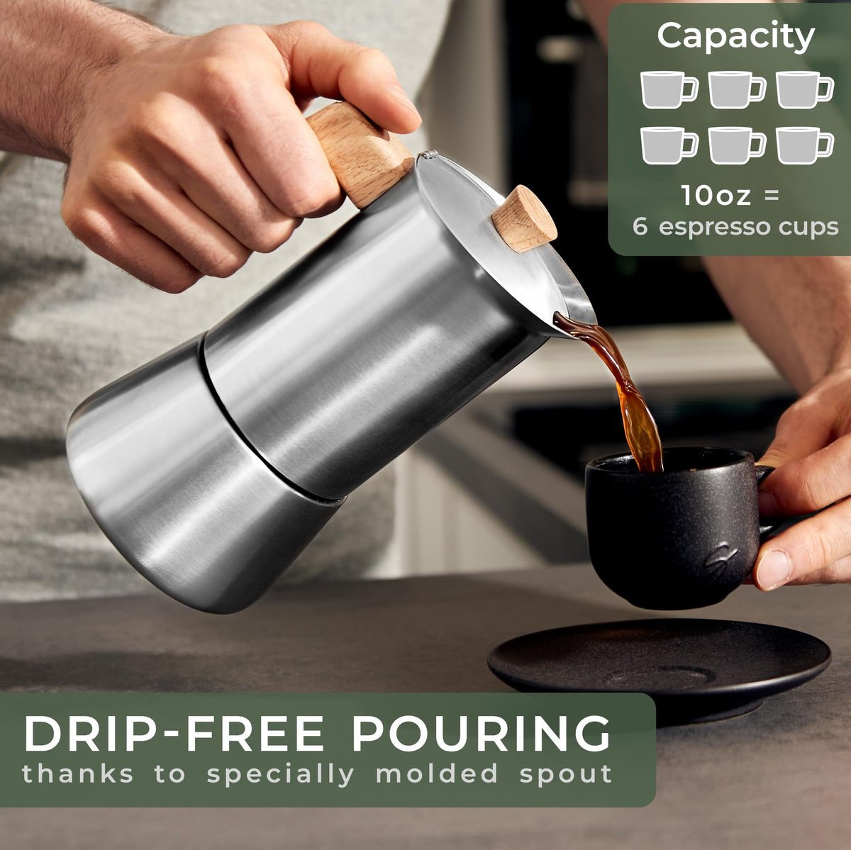 Stainless Steel Moka Pot 10oz Oak Wood Handle Stovetop Espresso Maker I57341