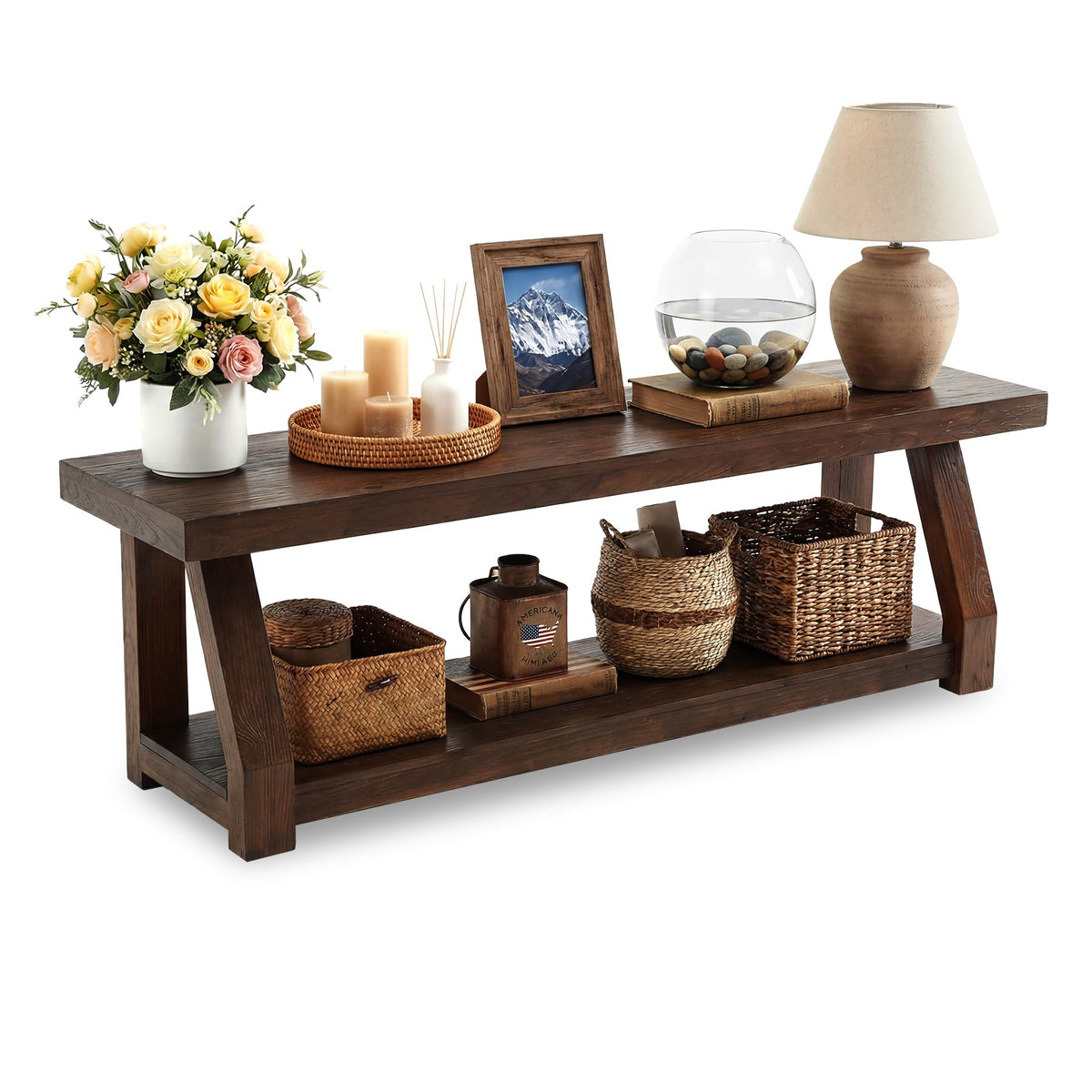 Solid Wood TV Stand, 2-Tier Media Console with Open Storage, Walnut Brown K679605