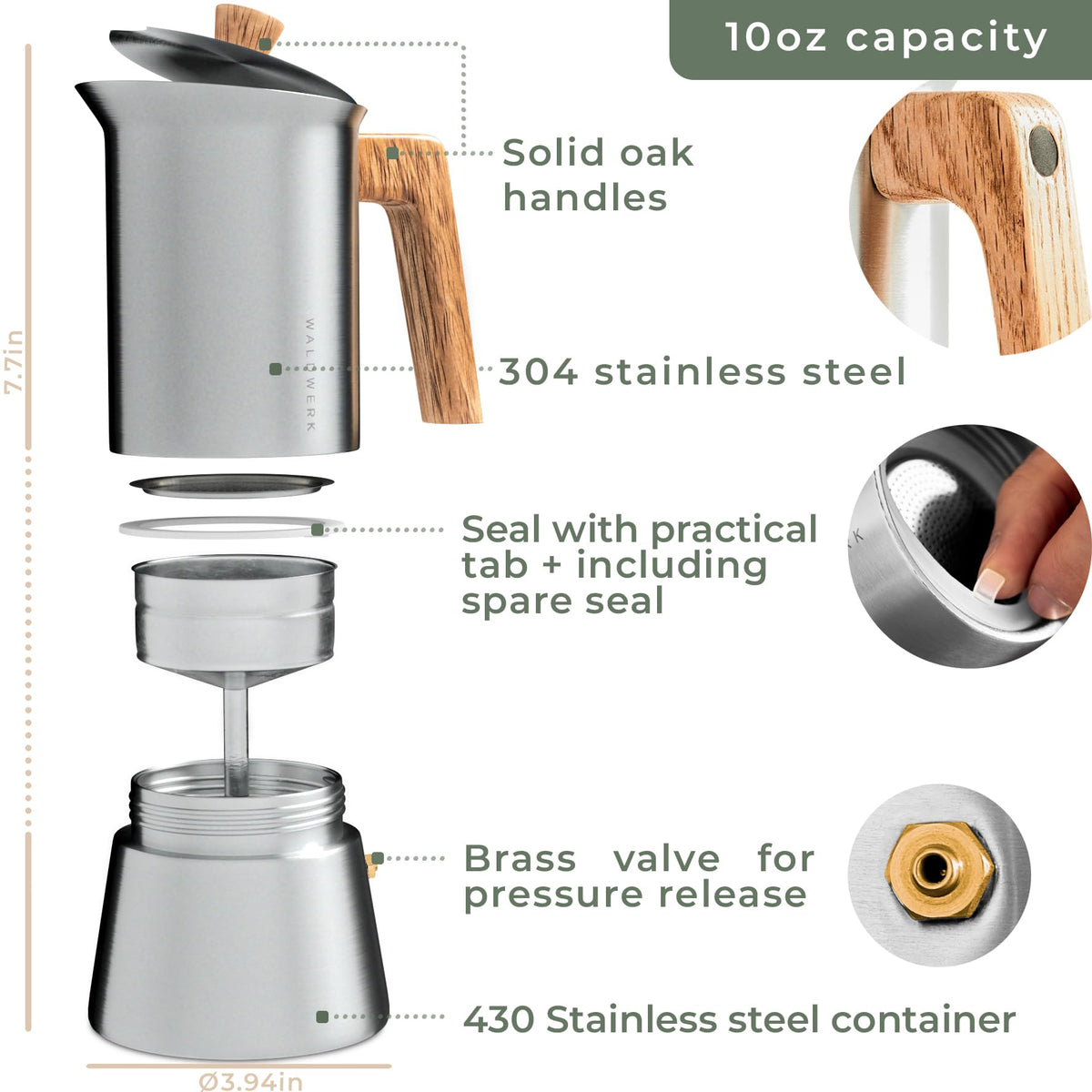 Stainless Steel Moka Pot 10oz Oak Wood Handle Stovetop Espresso Maker I57341