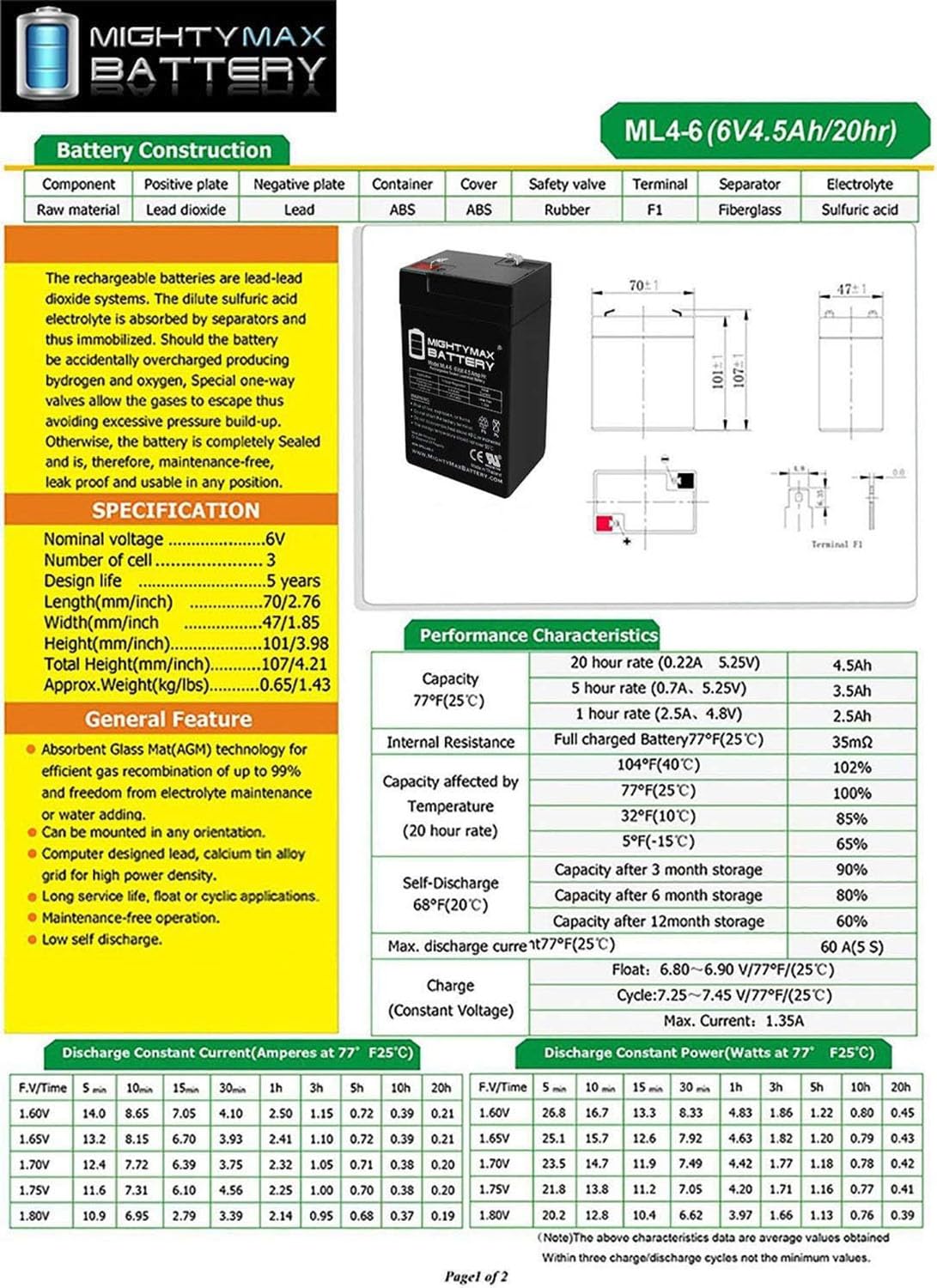 6V 4.5AH SLA Replacement Battery A220
