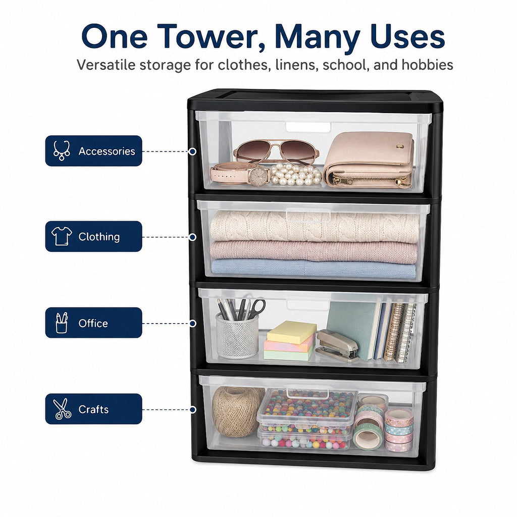 4 Drawer Black Plastic Storage Tower V625439