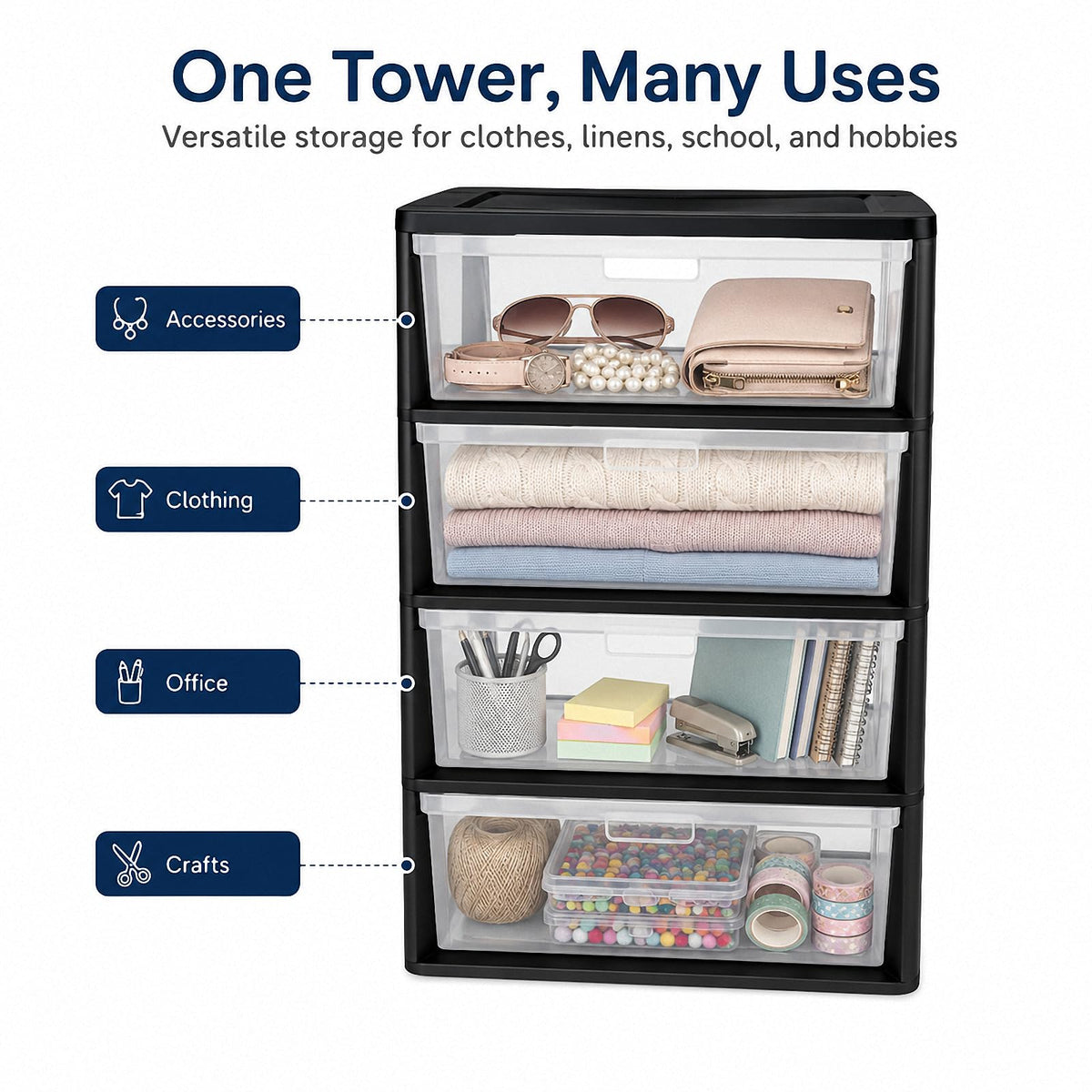 4 Drawer Black Plastic Storage Tower V625439