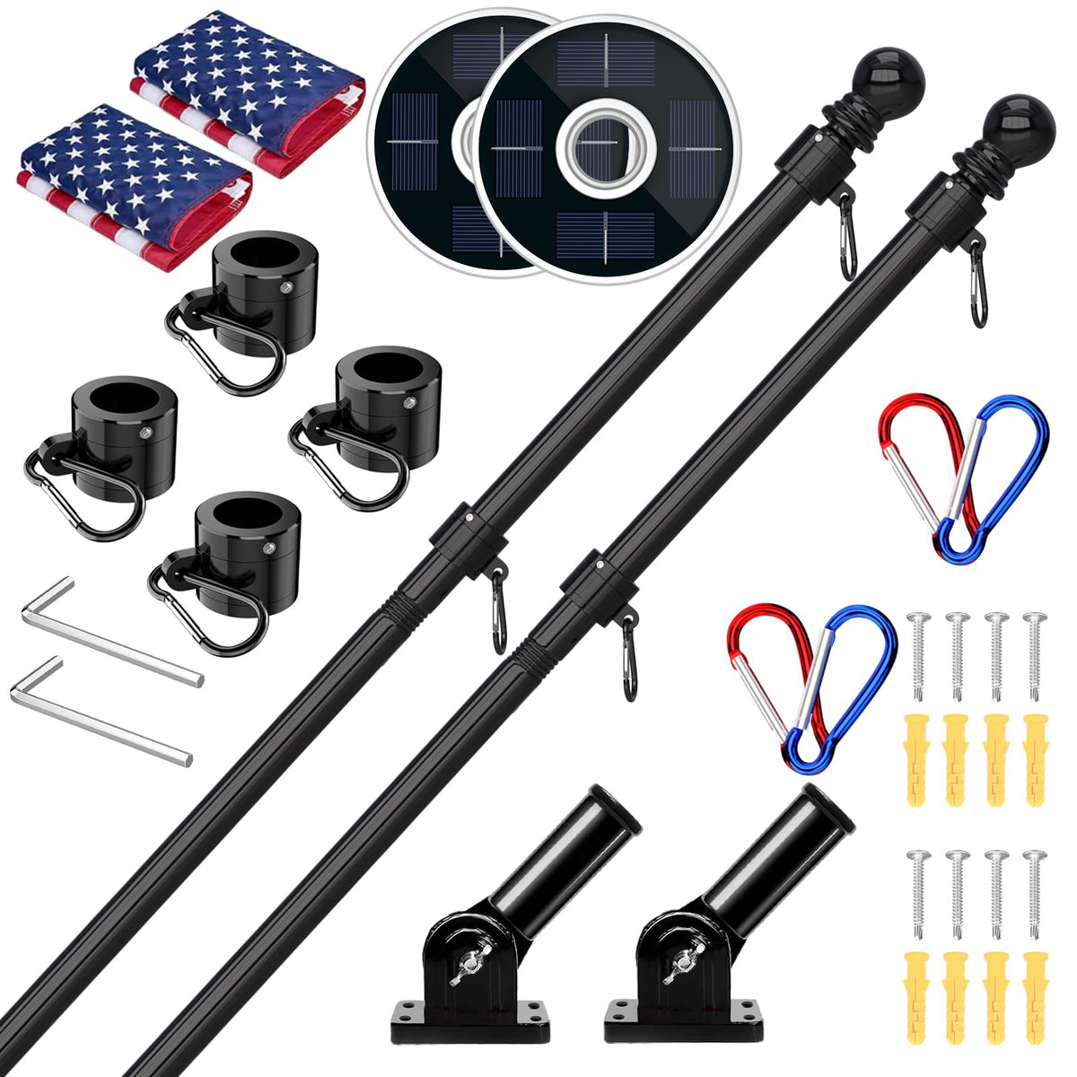2 Pack 6FT Black Stainless Steel Flag Pole Kit with Solar Light O9505