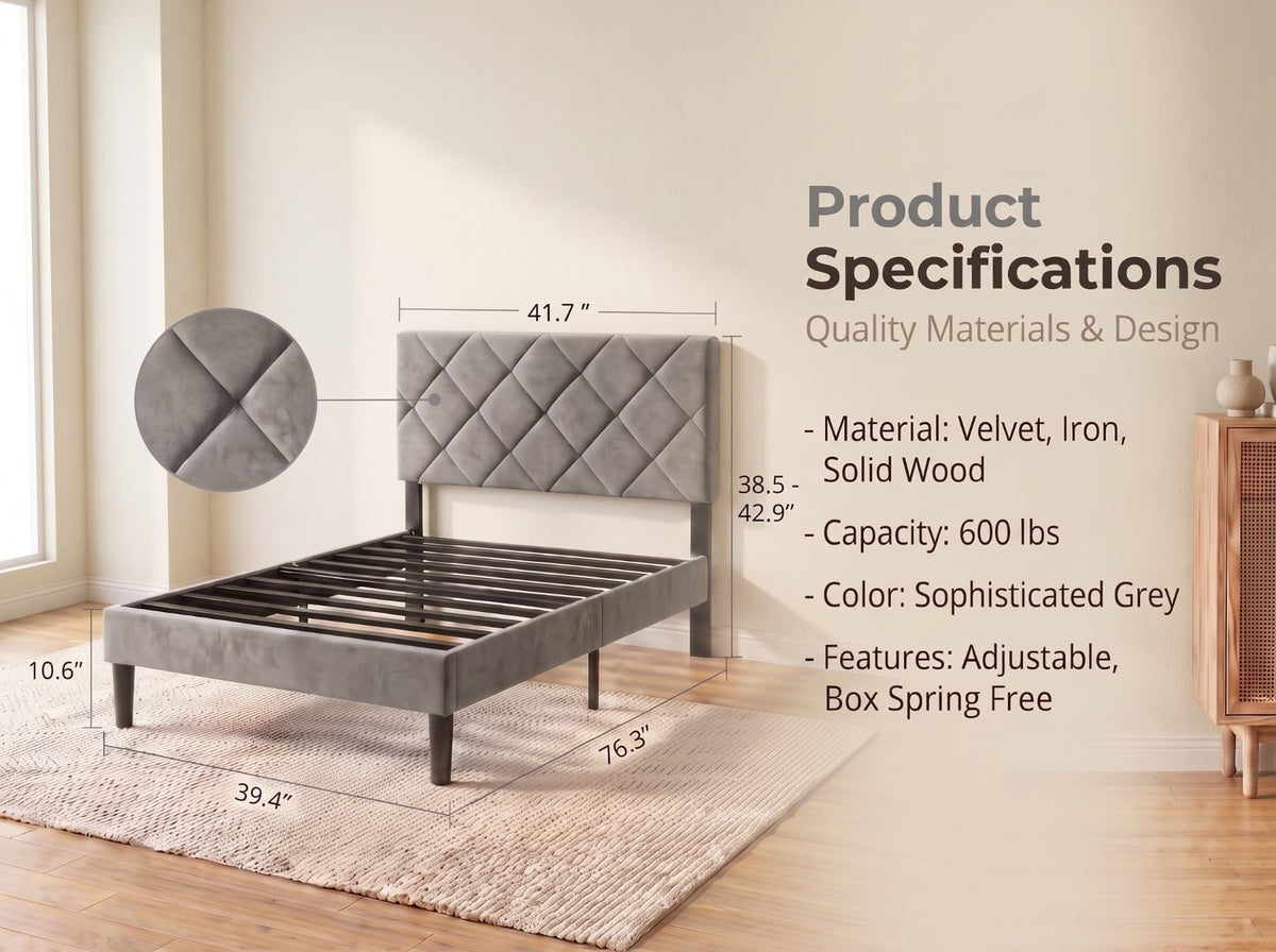 Twin Size Velvet Upholstered Platform Bed Frame with Adjustable Headboard Q9099