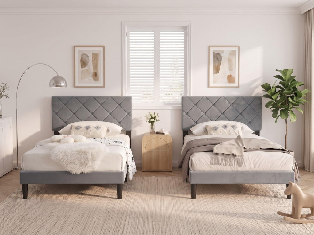 Twin Size Velvet Upholstered Platform Bed Frame with Adjustable Headboard Q9099