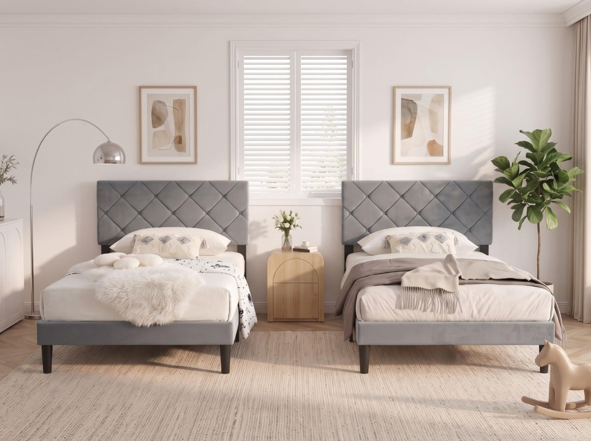 Twin Size Velvet Upholstered Platform Bed Frame with Adjustable Headboard Q9099
