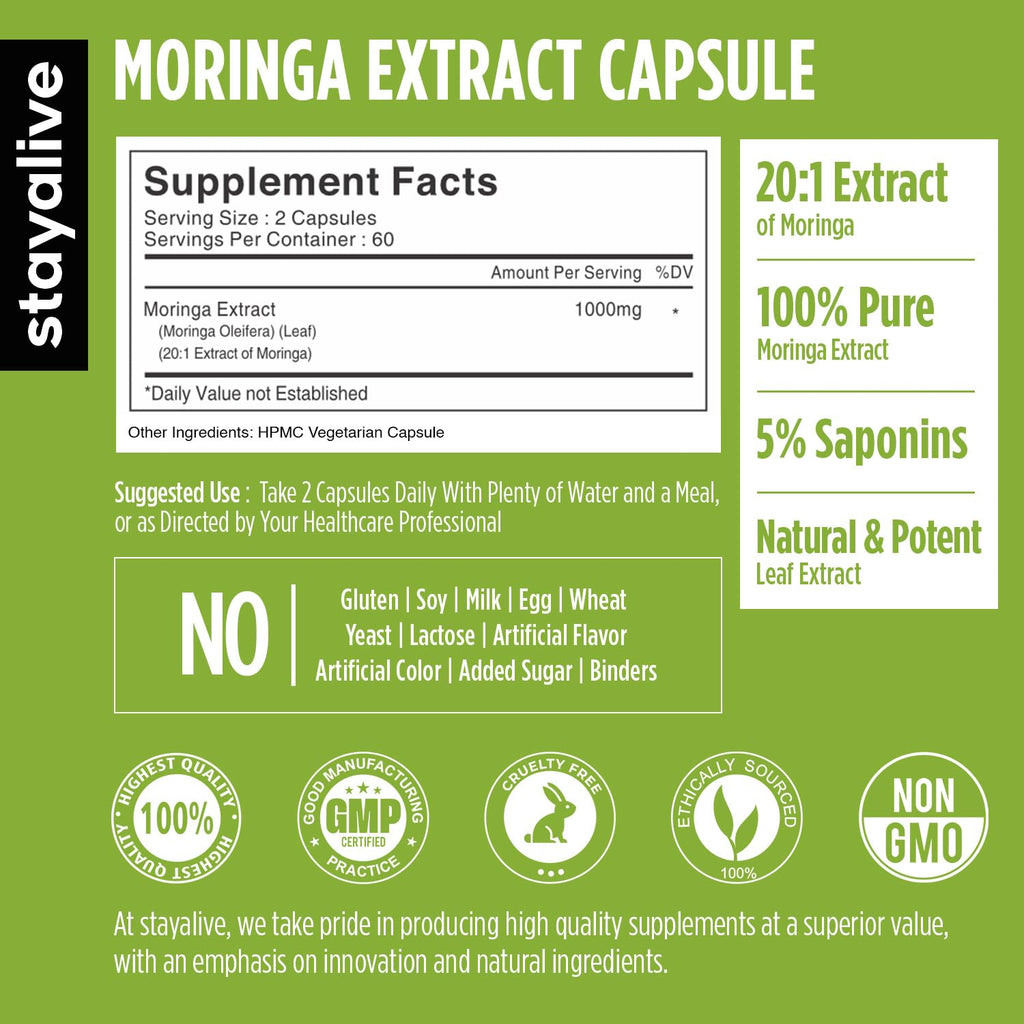 1000mg Moringa Capsules 20:1 Extract 120 Pills G8470