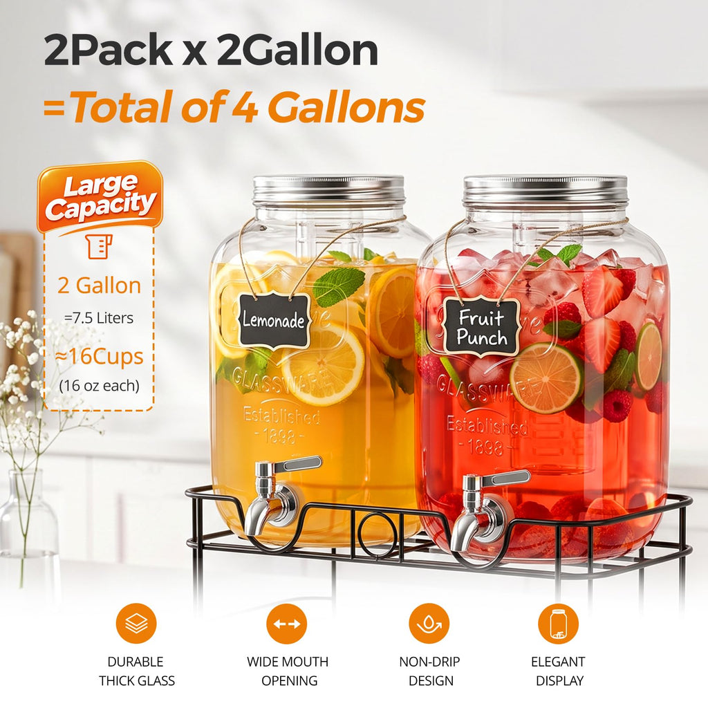 2 Gallon Glass Drink Dispensers, 2 Pack D686653