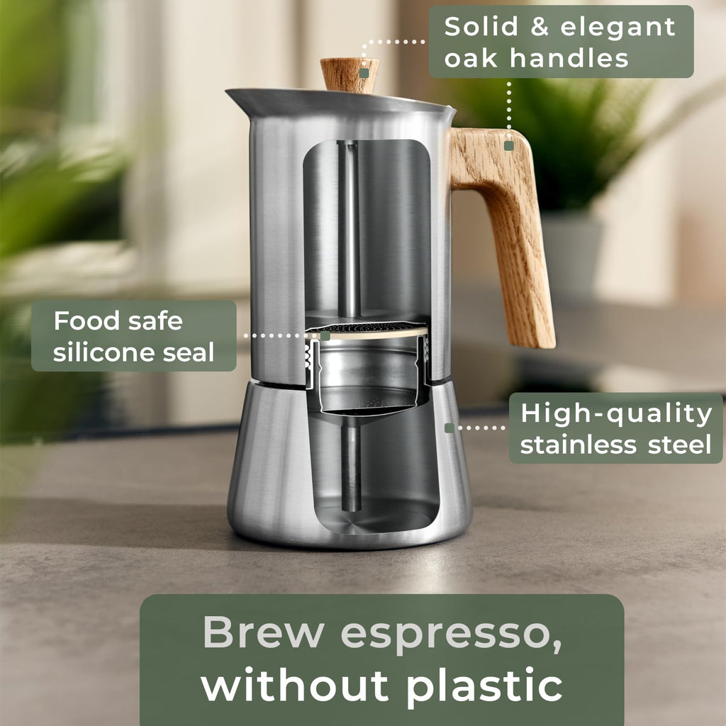Stainless Steel Moka Pot 10oz Oak Wood Handle Stovetop Espresso Maker I57341