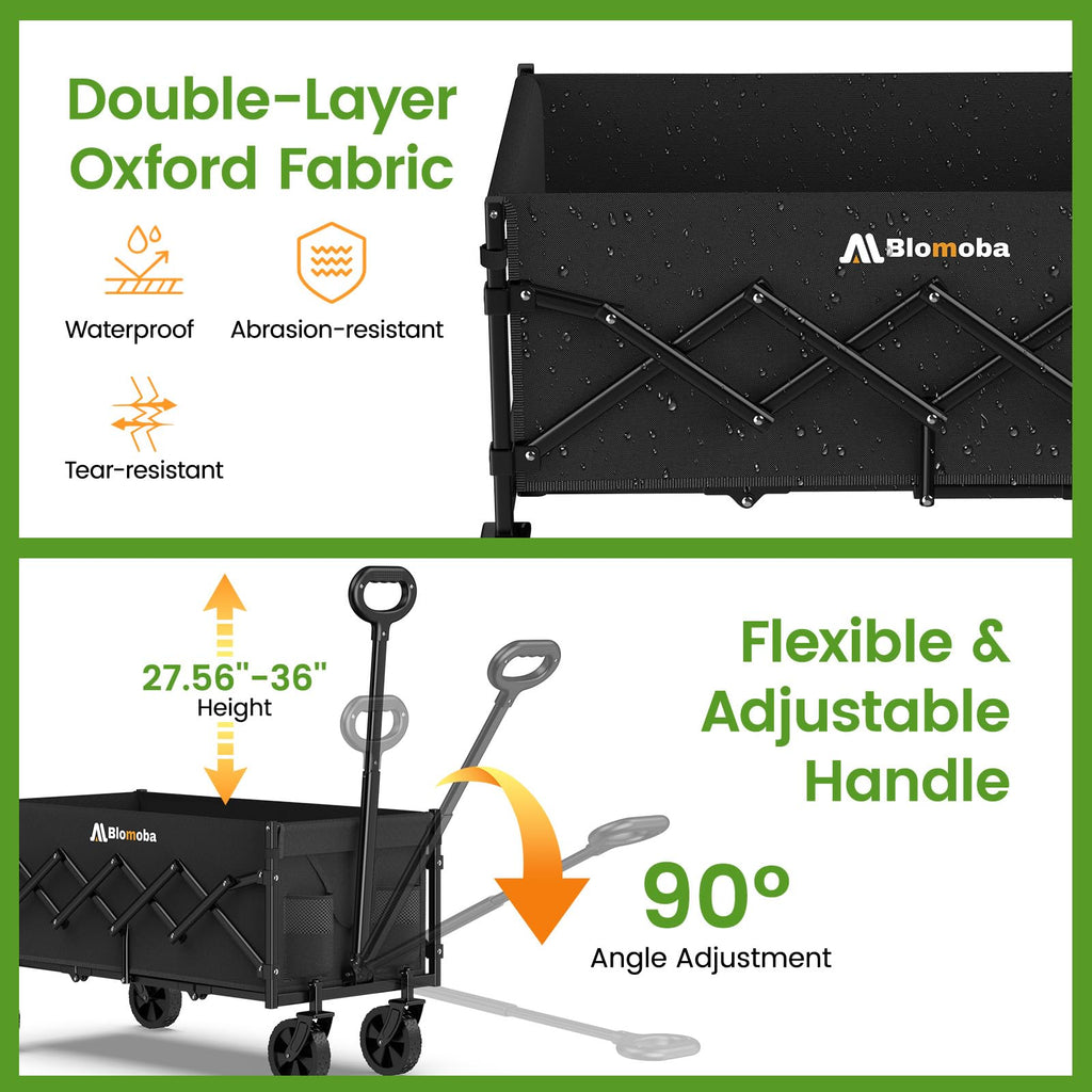 35" Extra Long Folding Wagon with Adjustable Handle & Wheels, Black L383