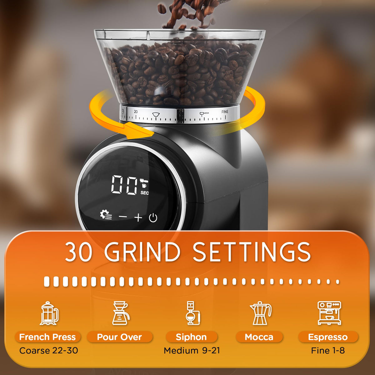 Conical Burr Electric Coffee Grinder with 30 Settings V765