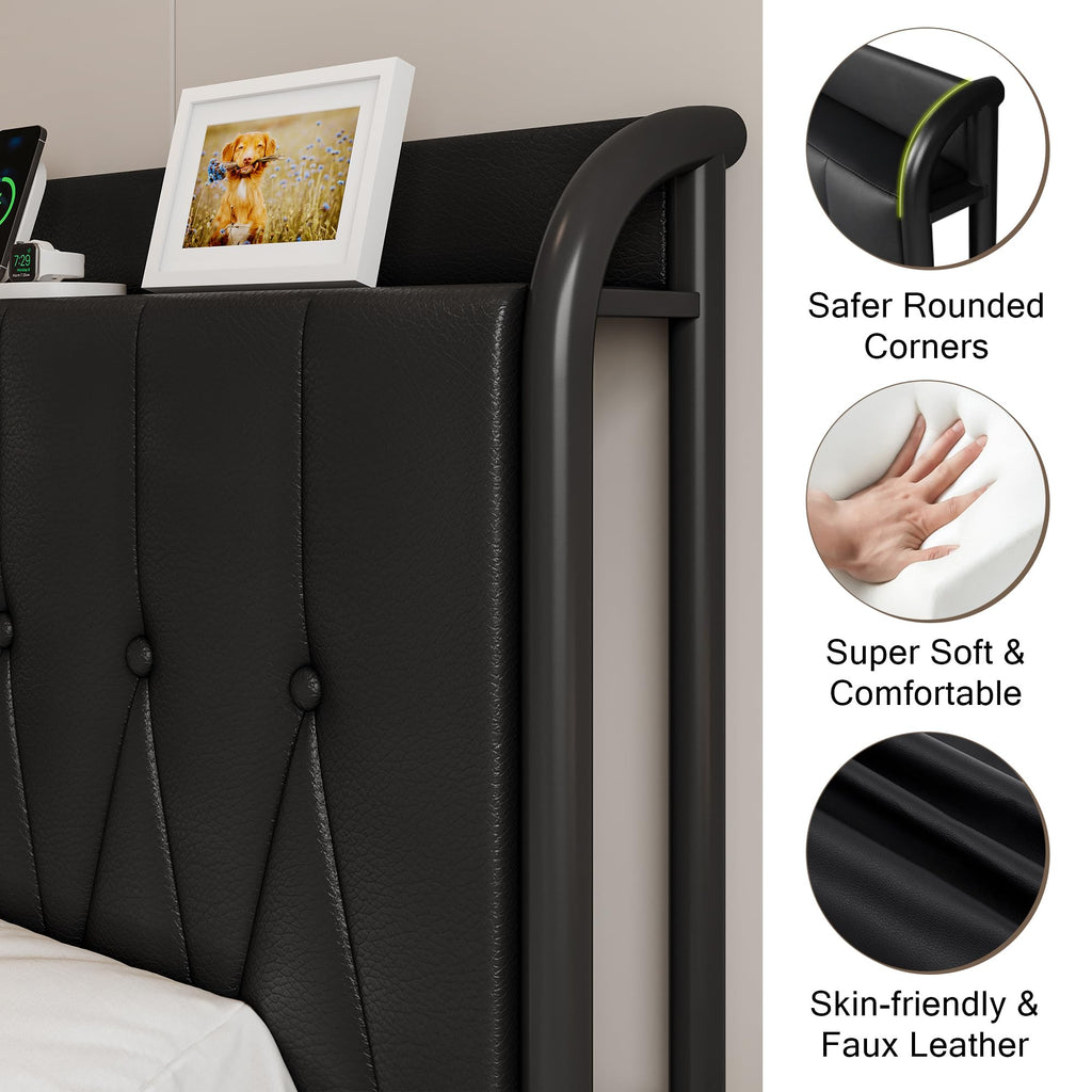 Black Full Size Platform Bed Frame with Faux Leather Upholstered Storage Headboard Q165