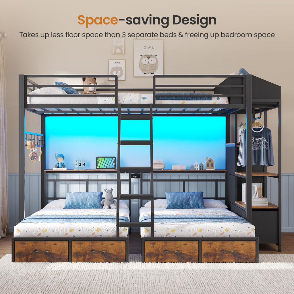 Black Triple Bunk Bed with 8 Storage Drawers and Stair F198066