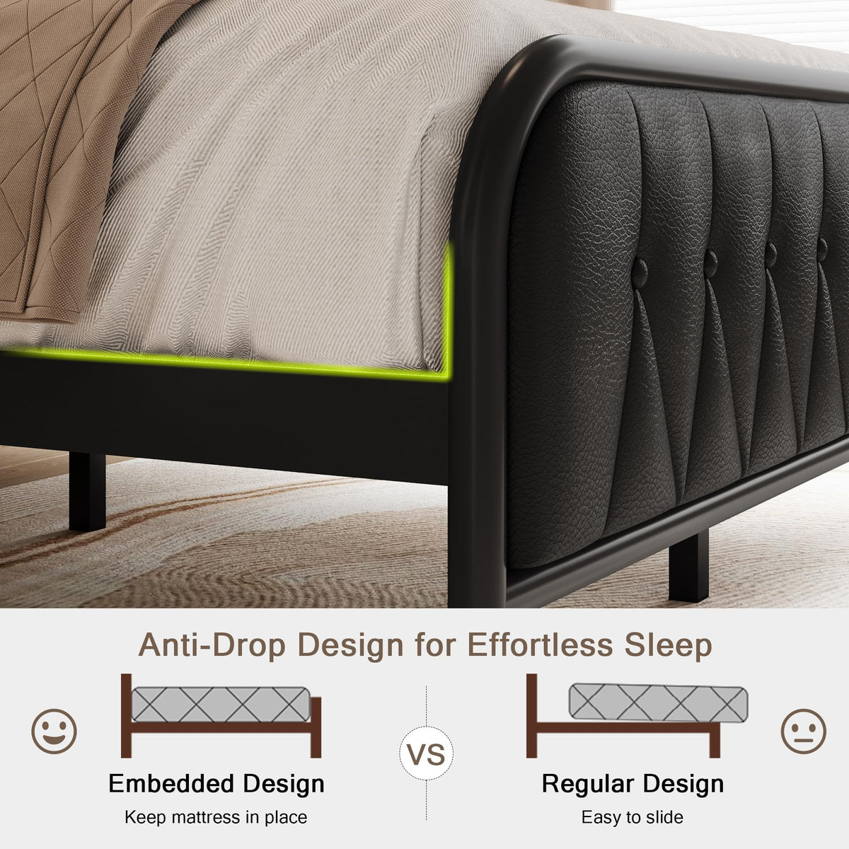 Black Full Size Platform Bed Frame with Faux Leather Upholstered Storage Headboard Q165