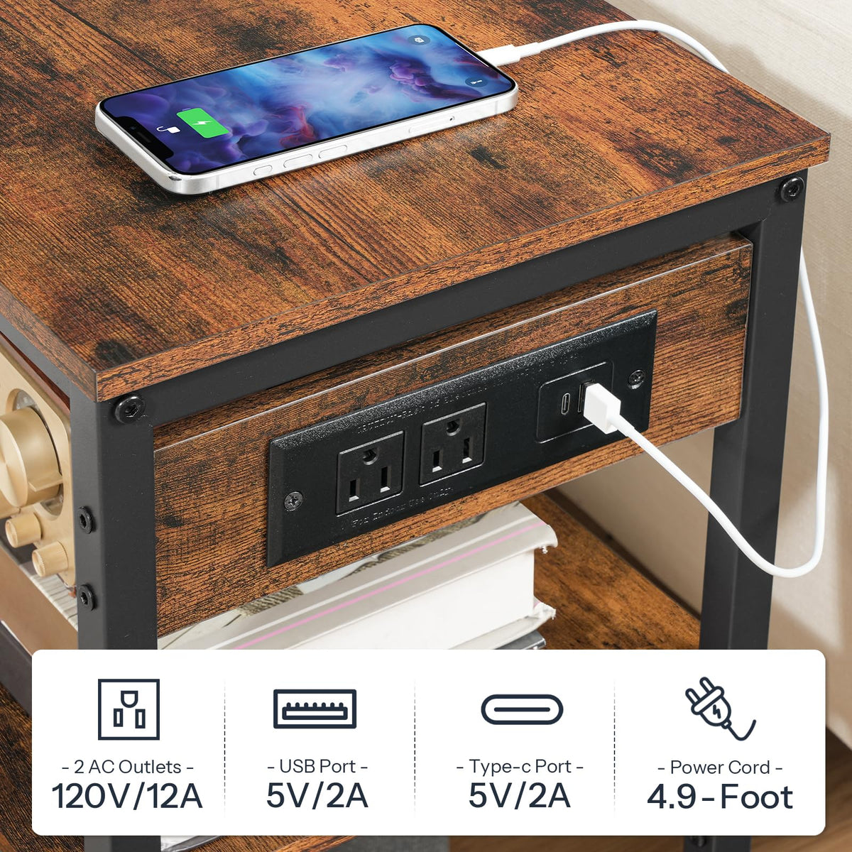 Charging Station End Table with 3 Tier Storage Shelf L83968