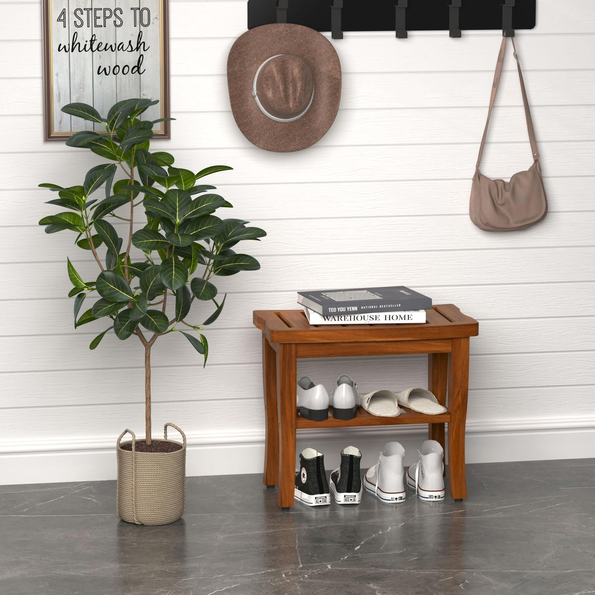 Teak Shower Bench Stool with Storage Shelf X46894
