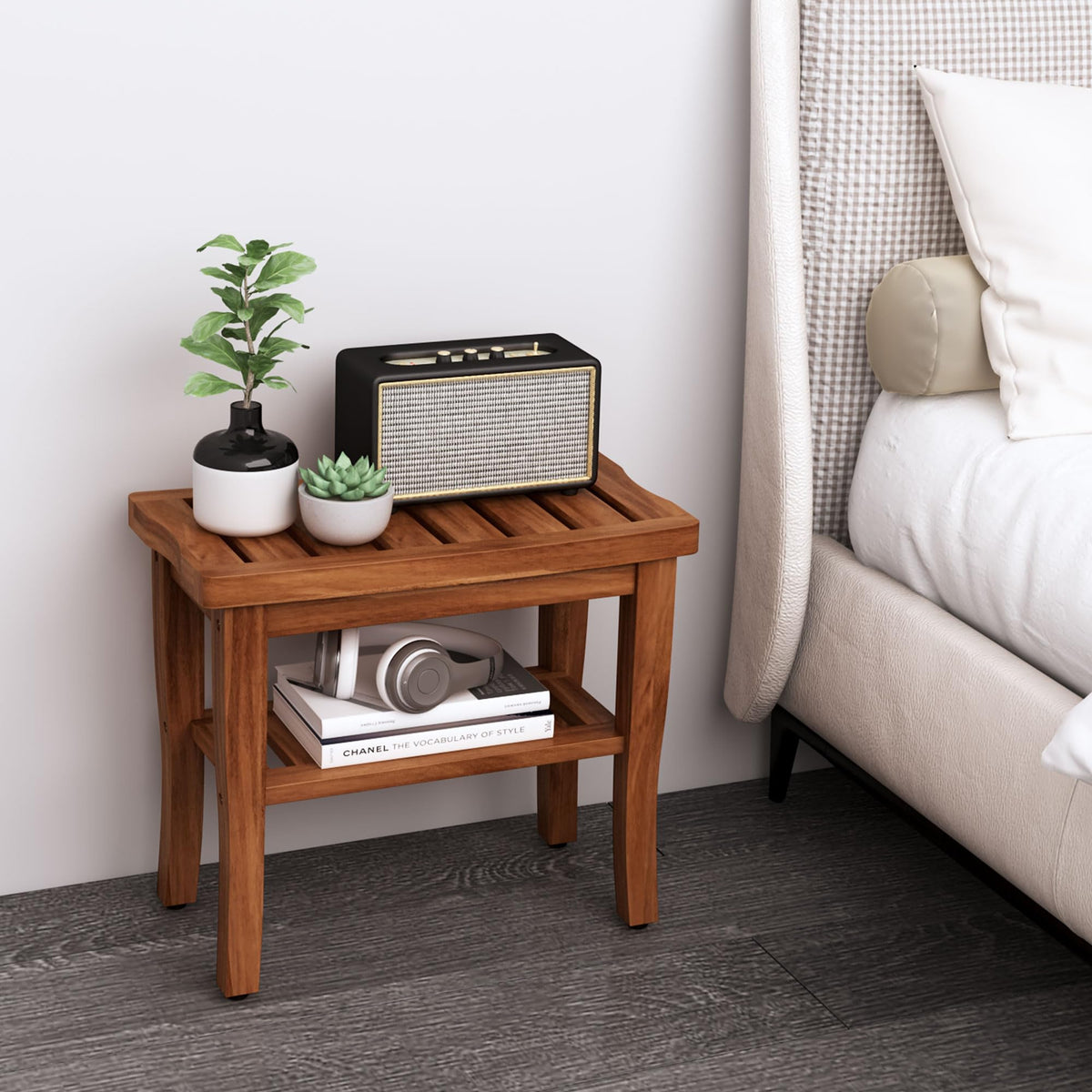 Teak Shower Bench Stool with Storage Shelf X46894
