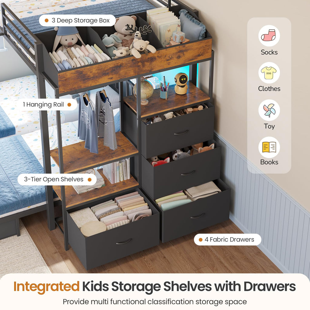 Black Triple Bunk Bed with 8 Storage Drawers and Stair F198066