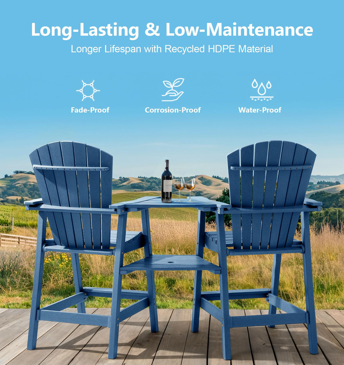 Tall Adirondack Chairs Set of 2, All-Weather HDPE Blue B5147