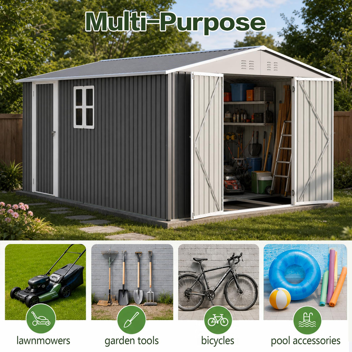 10x14 FT Metal Outdoor Storage Shed with Floor and 2 Windows Q4629