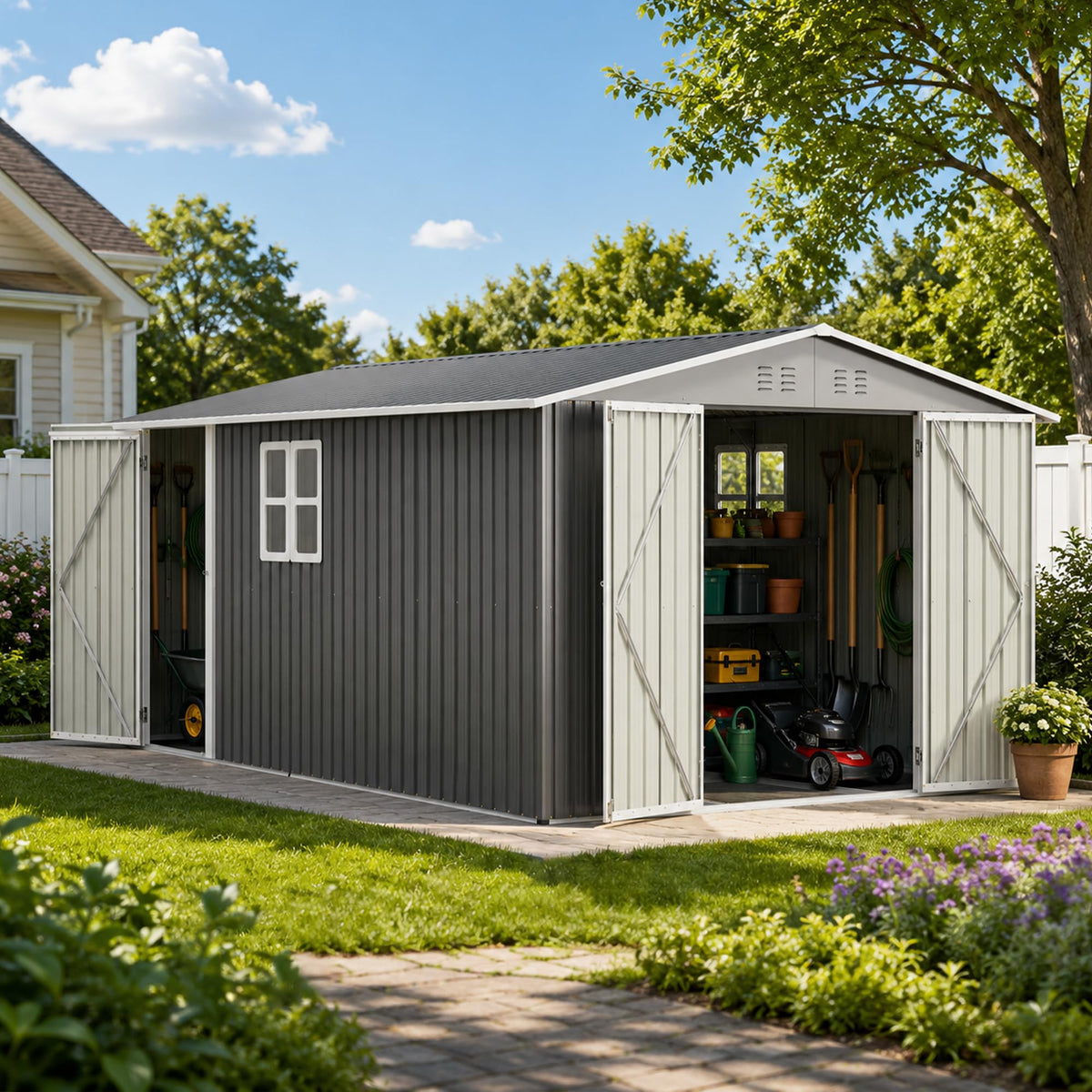10x14 FT Metal Outdoor Storage Shed with Floor and 2 Windows Q4629