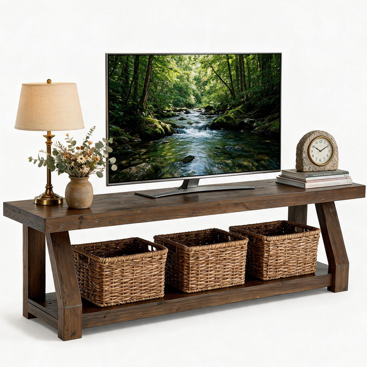 Solid Wood TV Stand, 2-Tier Media Console with Open Storage, Walnut Brown K679605