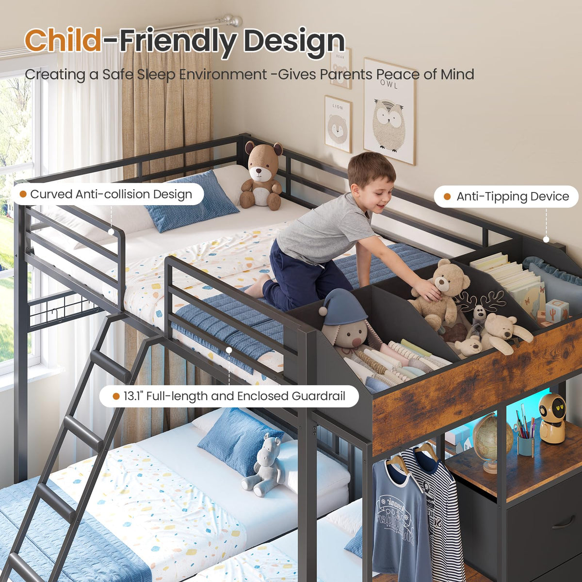 Black Triple Bunk Bed with 8 Storage Drawers and Stair F198066