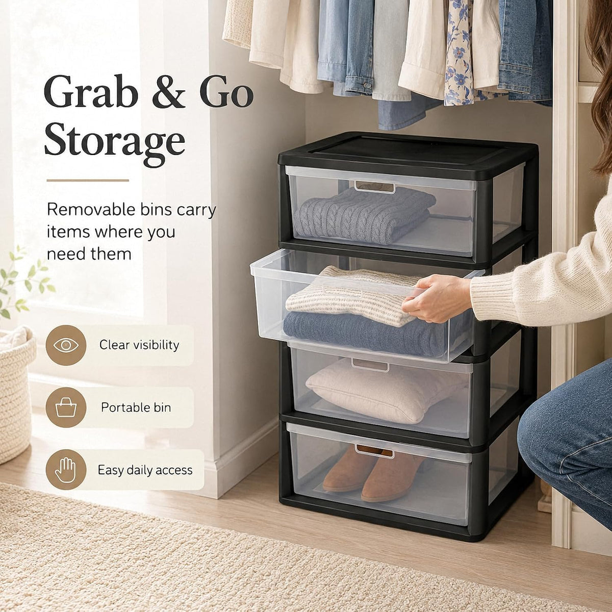 4 Drawer Black Plastic Storage Tower V625439