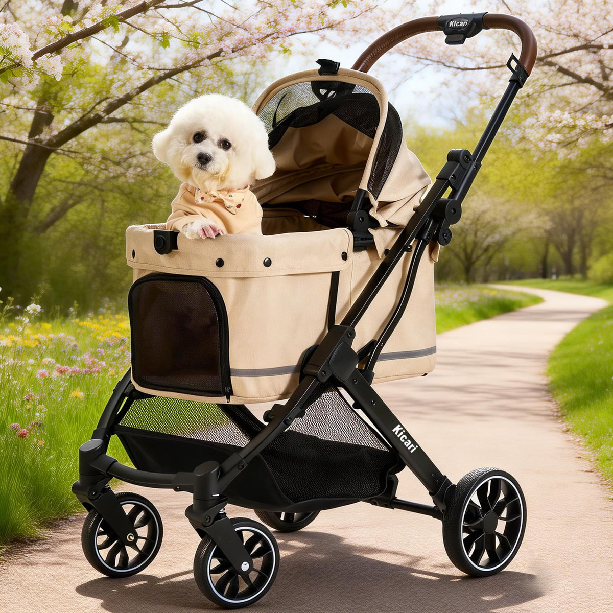 All-Terrain Dog Stroller, One-Hand Fold, Anti-UV Waterproof Canopy, Vanilla Beige L9039