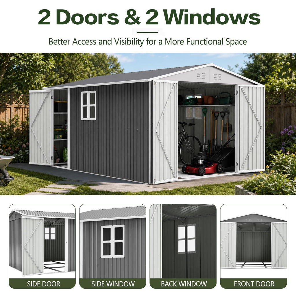 10x14 FT Metal Outdoor Storage Shed with Floor and 2 Windows Q4629