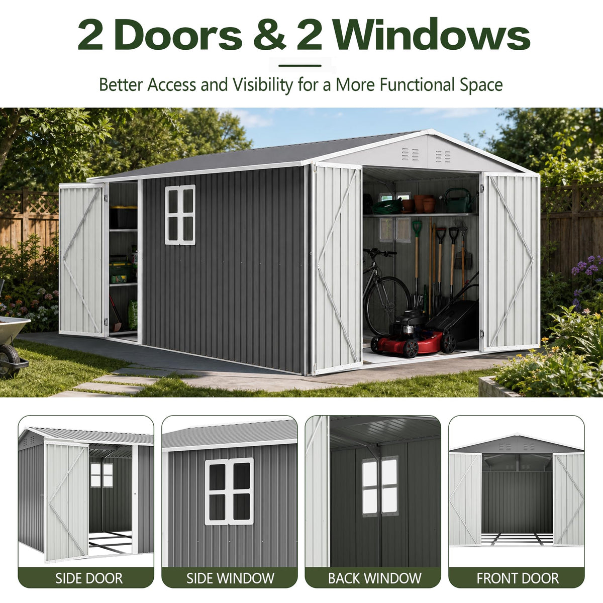10x14 FT Metal Outdoor Storage Shed with Floor and 2 Windows Q4629