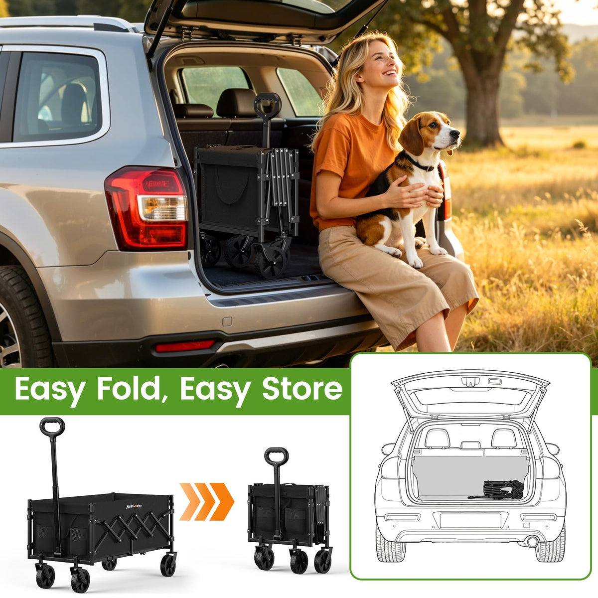 35" Extra Long Folding Wagon with Adjustable Handle & Wheels, Black L383