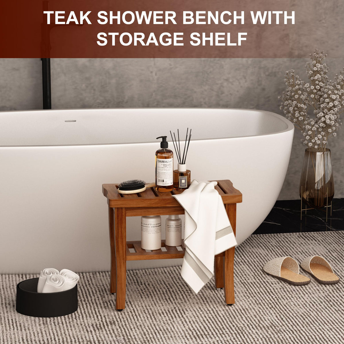 Teak Shower Bench Stool with Storage Shelf X46894