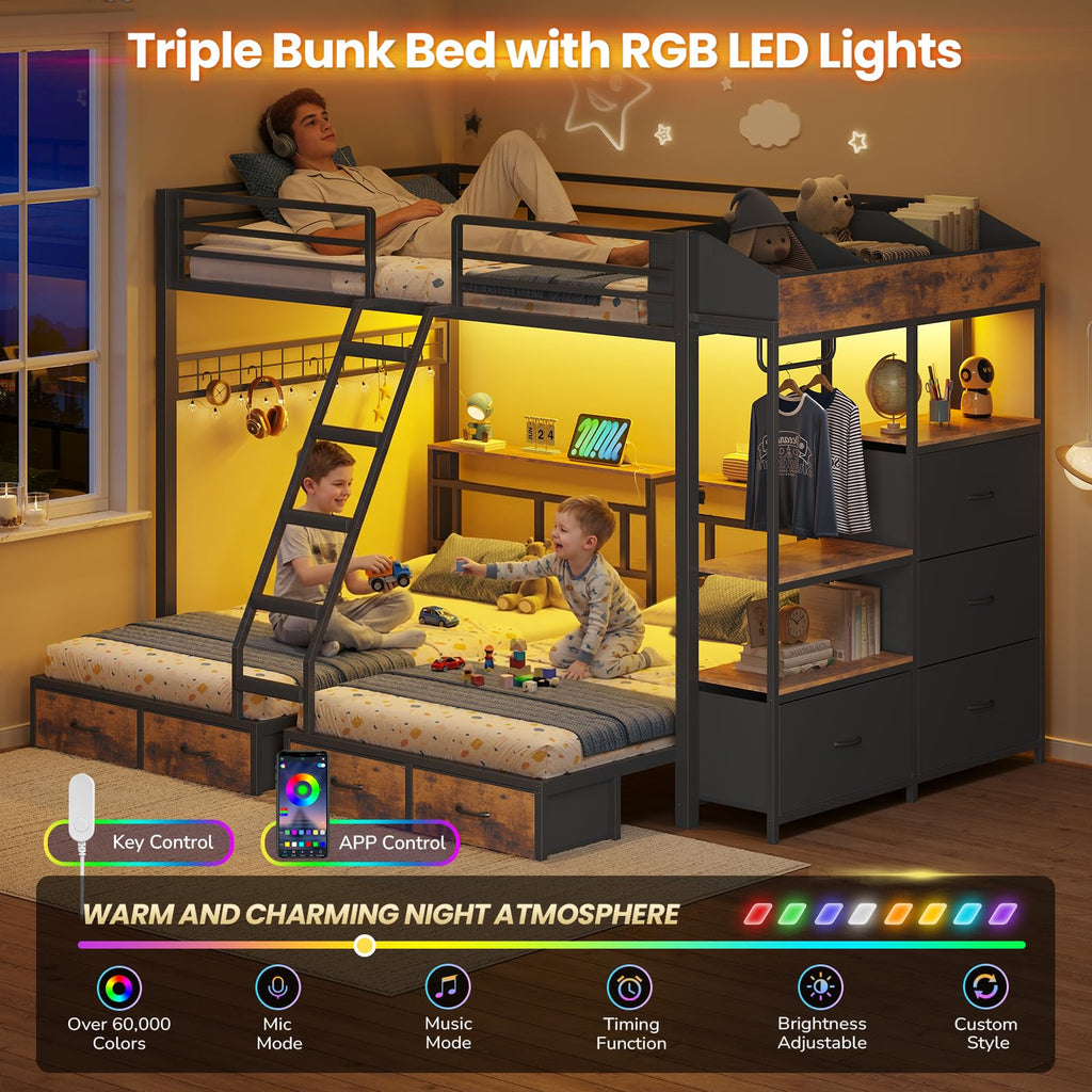 Black Triple Bunk Bed with 8 Storage Drawers and Stair F198066