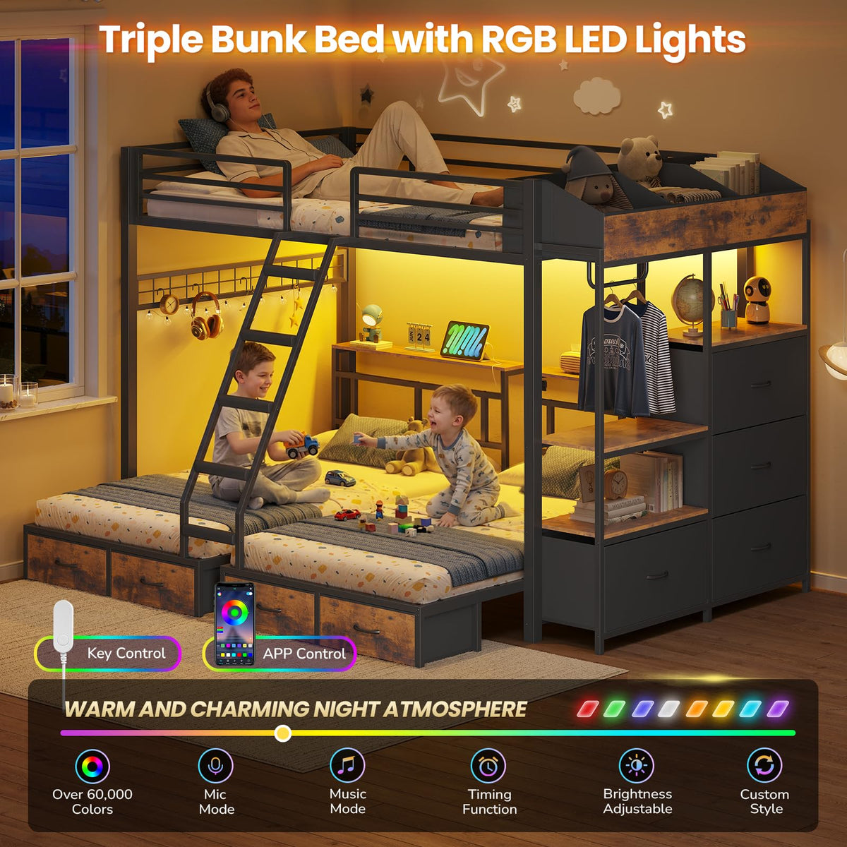 Black Triple Bunk Bed with 8 Storage Drawers and Stair F198066