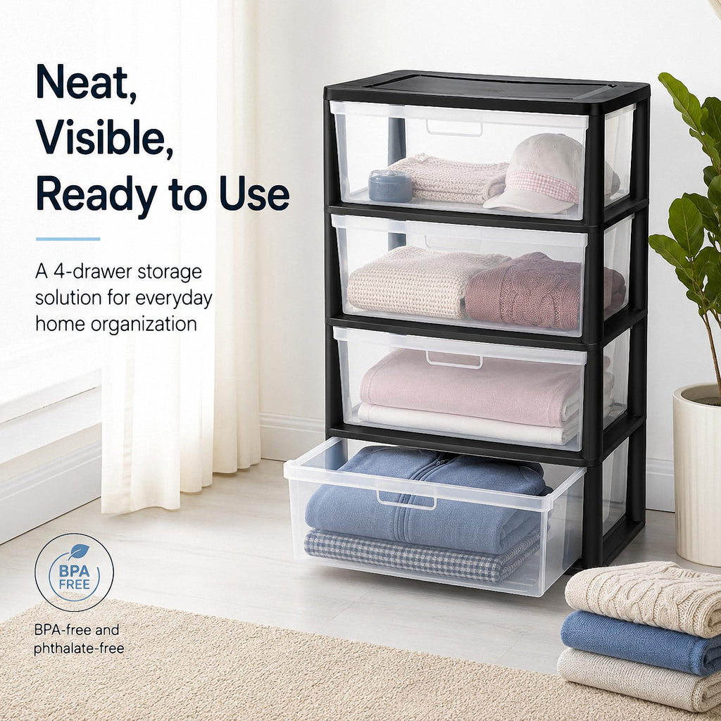 4 Drawer Black Plastic Storage Tower V625439