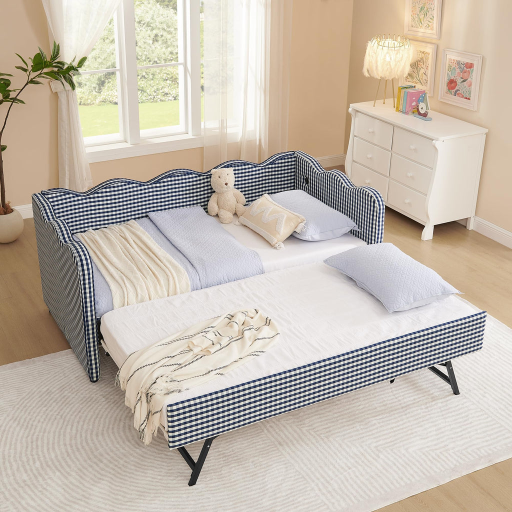 Twin Linen Upholstered Daybed with Pop Up Trundle and USB Port Y565