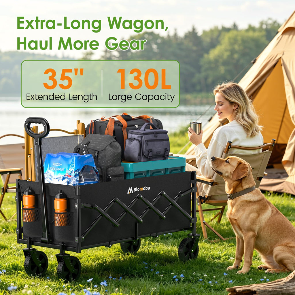 35" Extra Long Folding Wagon with Adjustable Handle & Wheels, Black L383