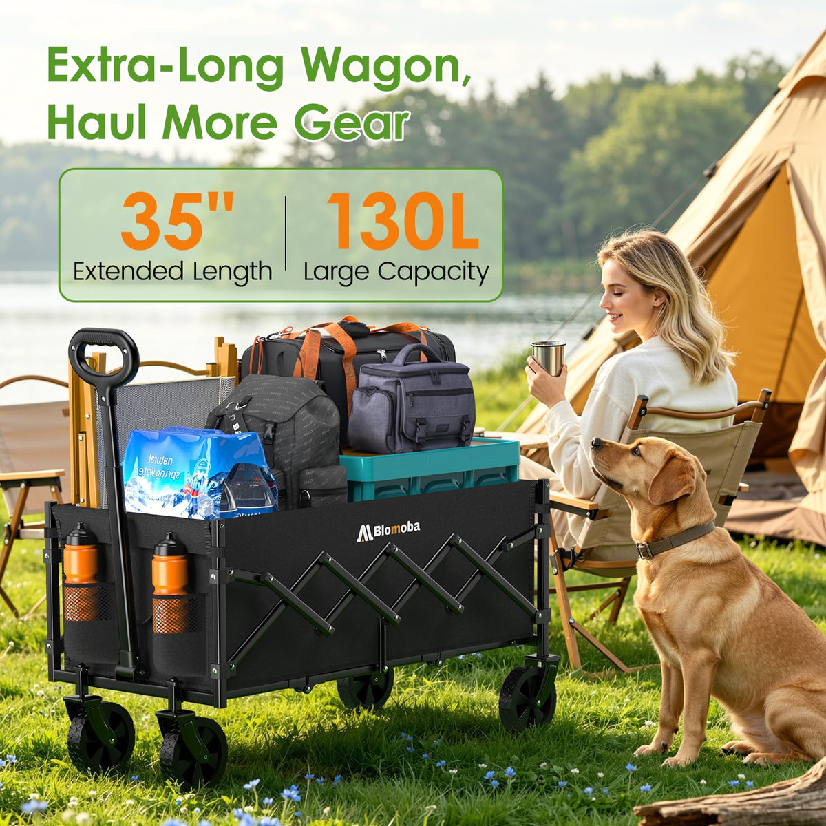 35" Extra Long Folding Wagon with Adjustable Handle & Wheels, Black L383
