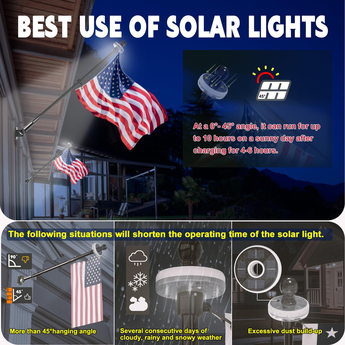 2 Pack 6FT Black Stainless Steel Flag Pole Kit with Solar Light O9505