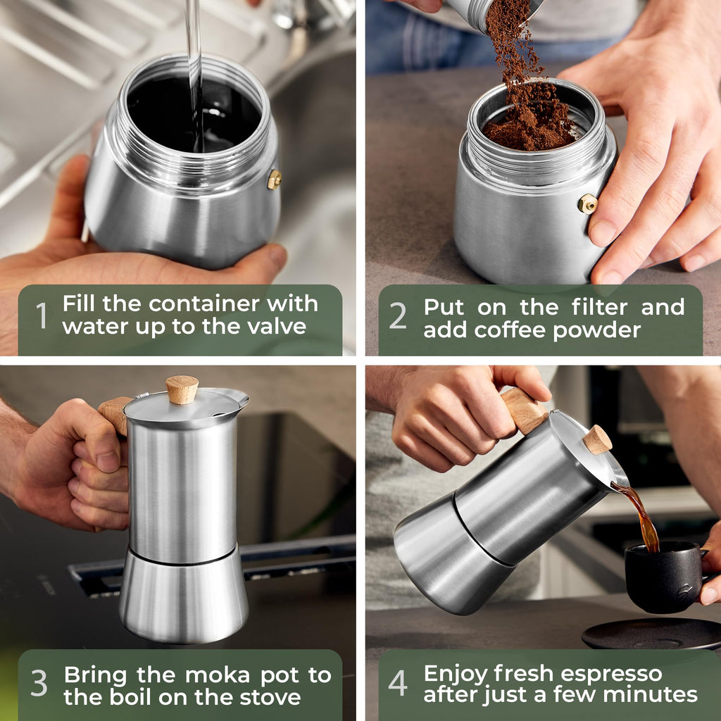 Stainless Steel Moka Pot 10oz Oak Wood Handle Stovetop Espresso Maker I57341