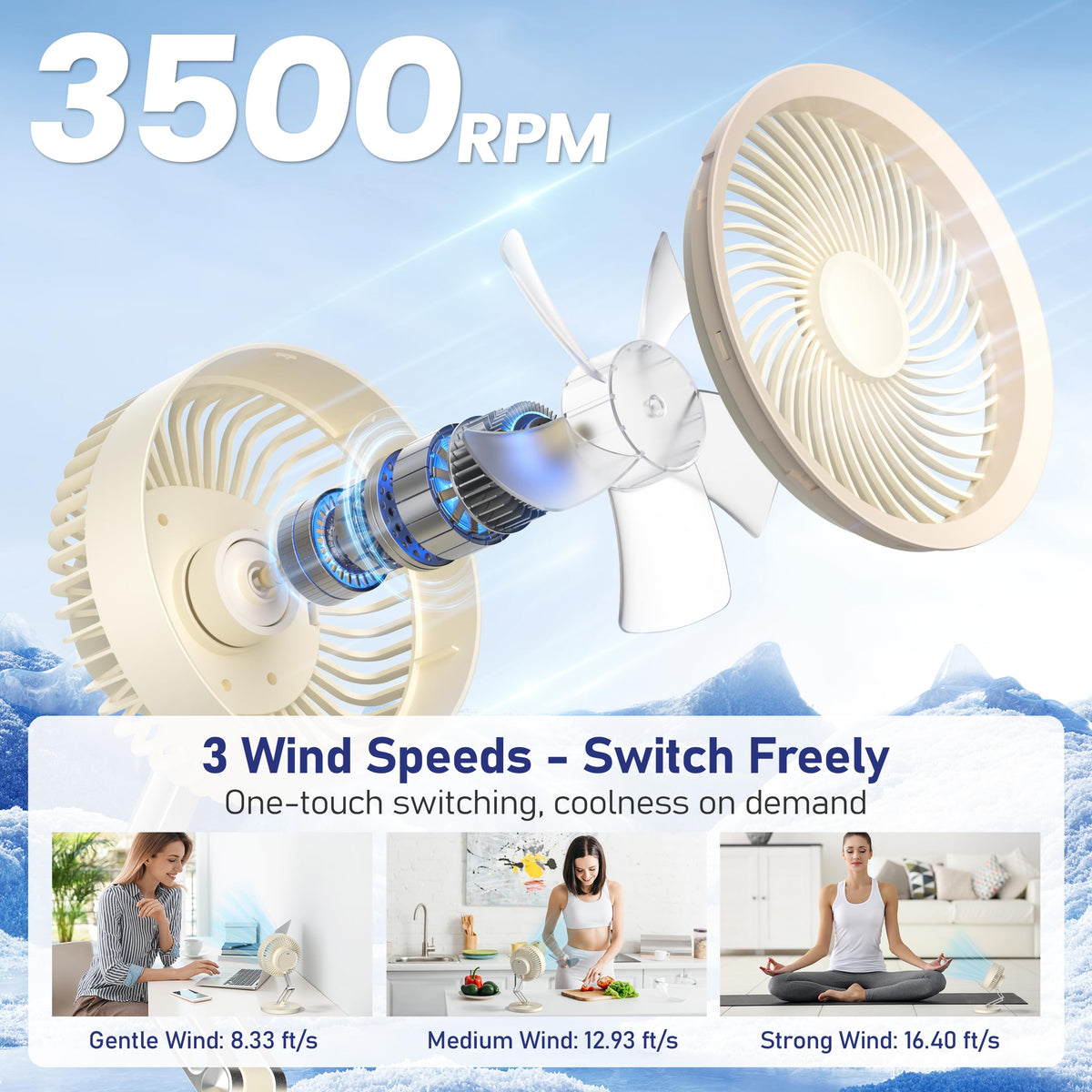 Small Quiet Table Fan with Metal Stand 3 Speed 2000mAh Rechargeable X185529