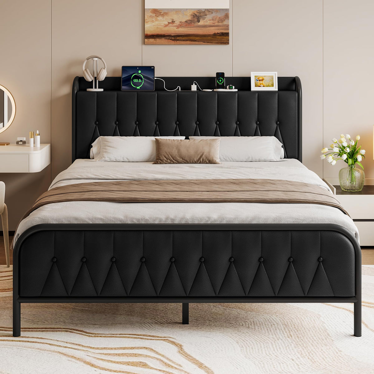 Black Full Size Platform Bed Frame with Faux Leather Upholstered Storage Headboard Q165