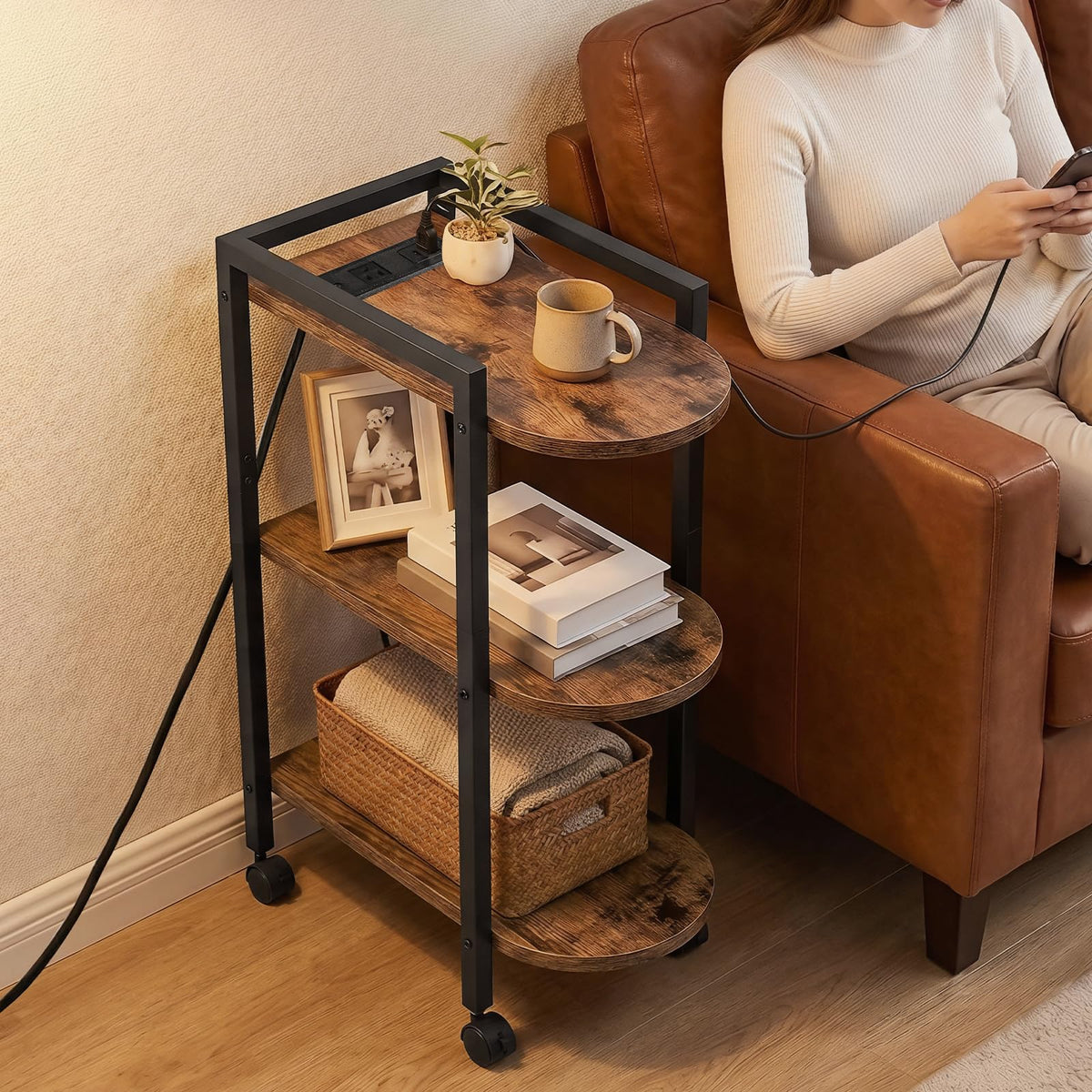 Rolling Narrow Side Table with Charging Station A80204