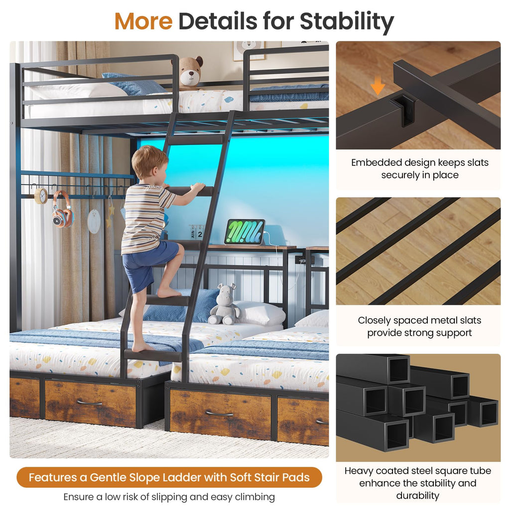 Black Triple Bunk Bed with 8 Storage Drawers and Stair F198066