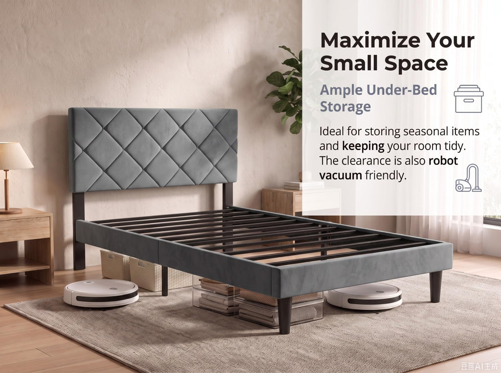 Twin Size Velvet Upholstered Platform Bed Frame with Adjustable Headboard Q9099
