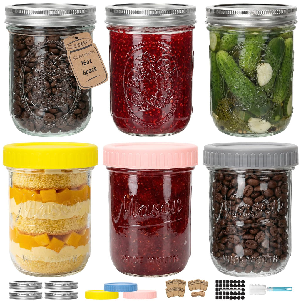 16oz 6-Pack Wide Mouth Glass Mason Jars with Airtight Lids V1386
